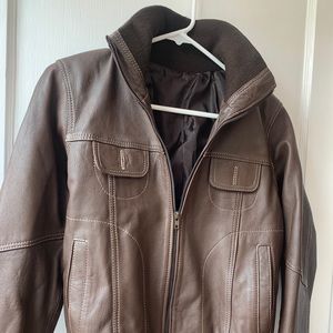 Leather Jacket - chocolate brown w detachable hood, size S